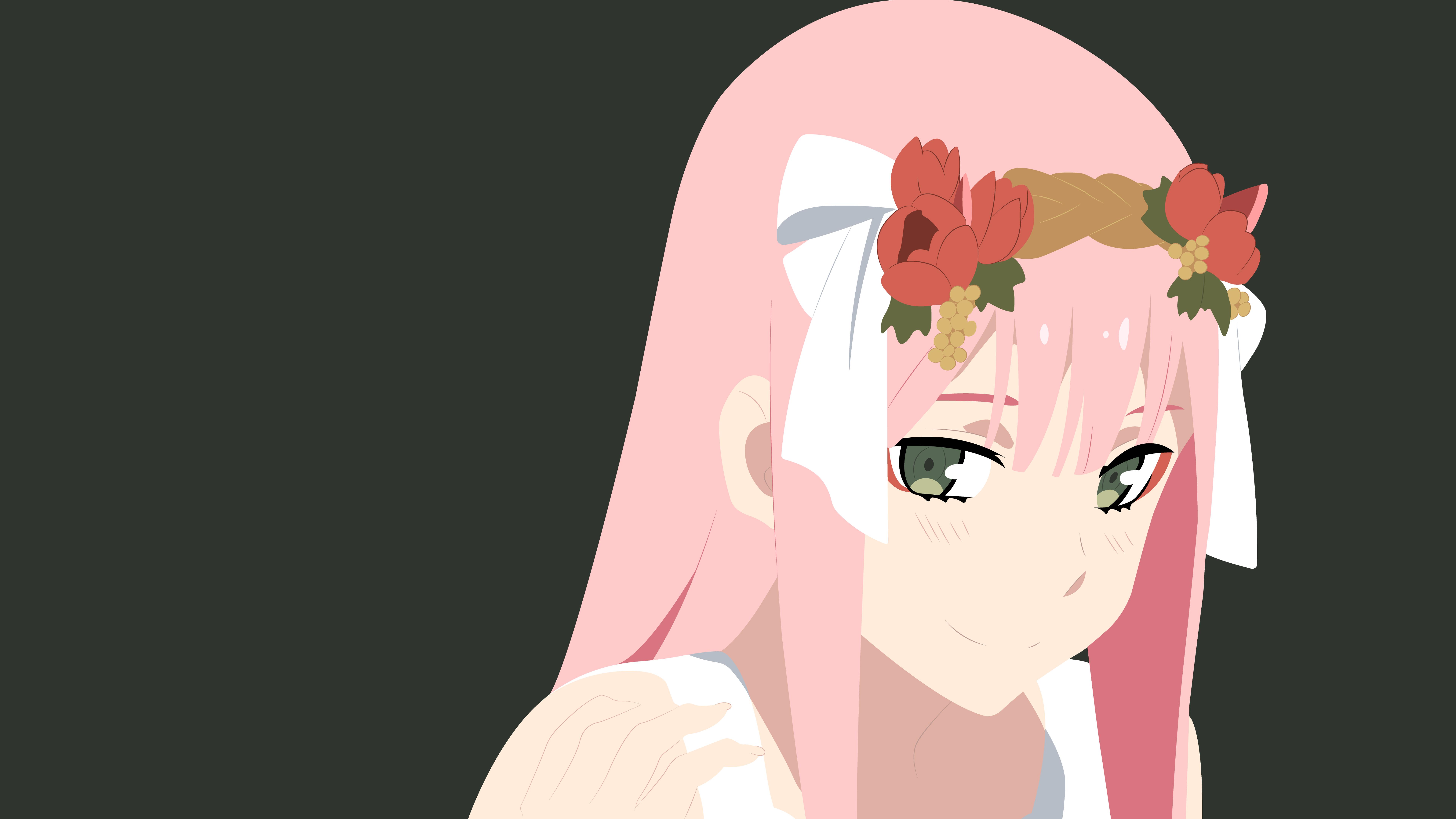 7680x4320 Darling In The FranXX Flowers On Pink Hair Zero Two With Black Background 4K 8K HD Anime Wallpaper