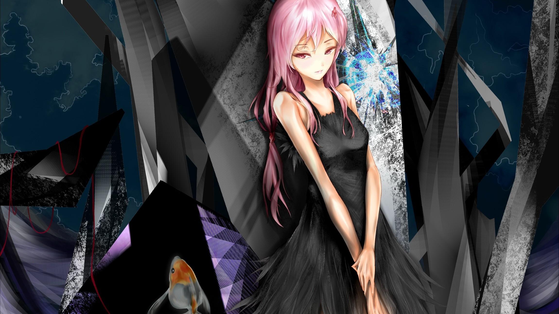2300x1293 animals long hair feathers pink hair twintails black dress pink eyes soft shading anime girls guilty High Quality Wallpaper, High Definition Wallpaper