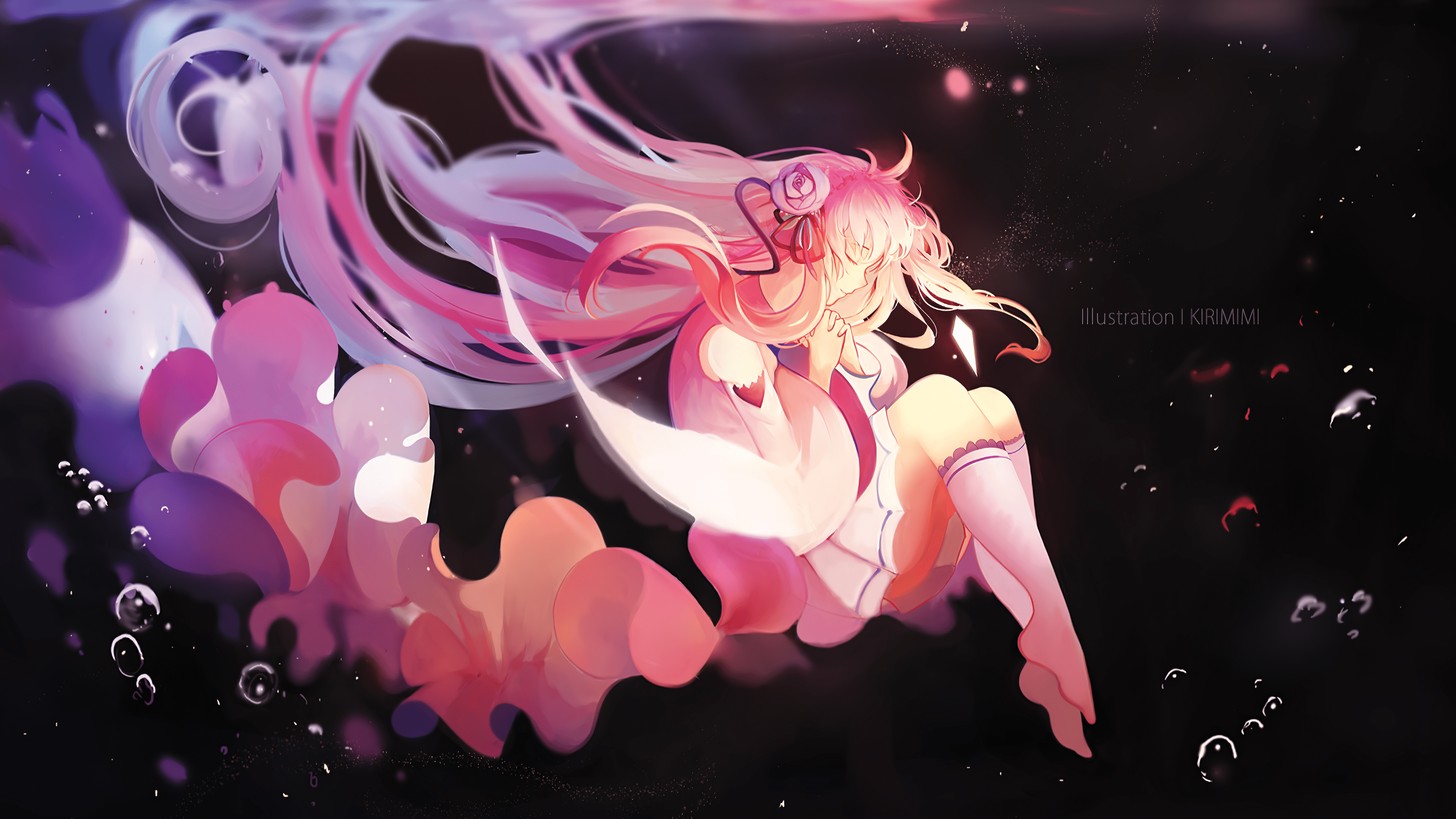 3840x2160 Anime Anime Girls Pink Hair Praying In Water Long Hair Black Background Wallpaper:3840x2160