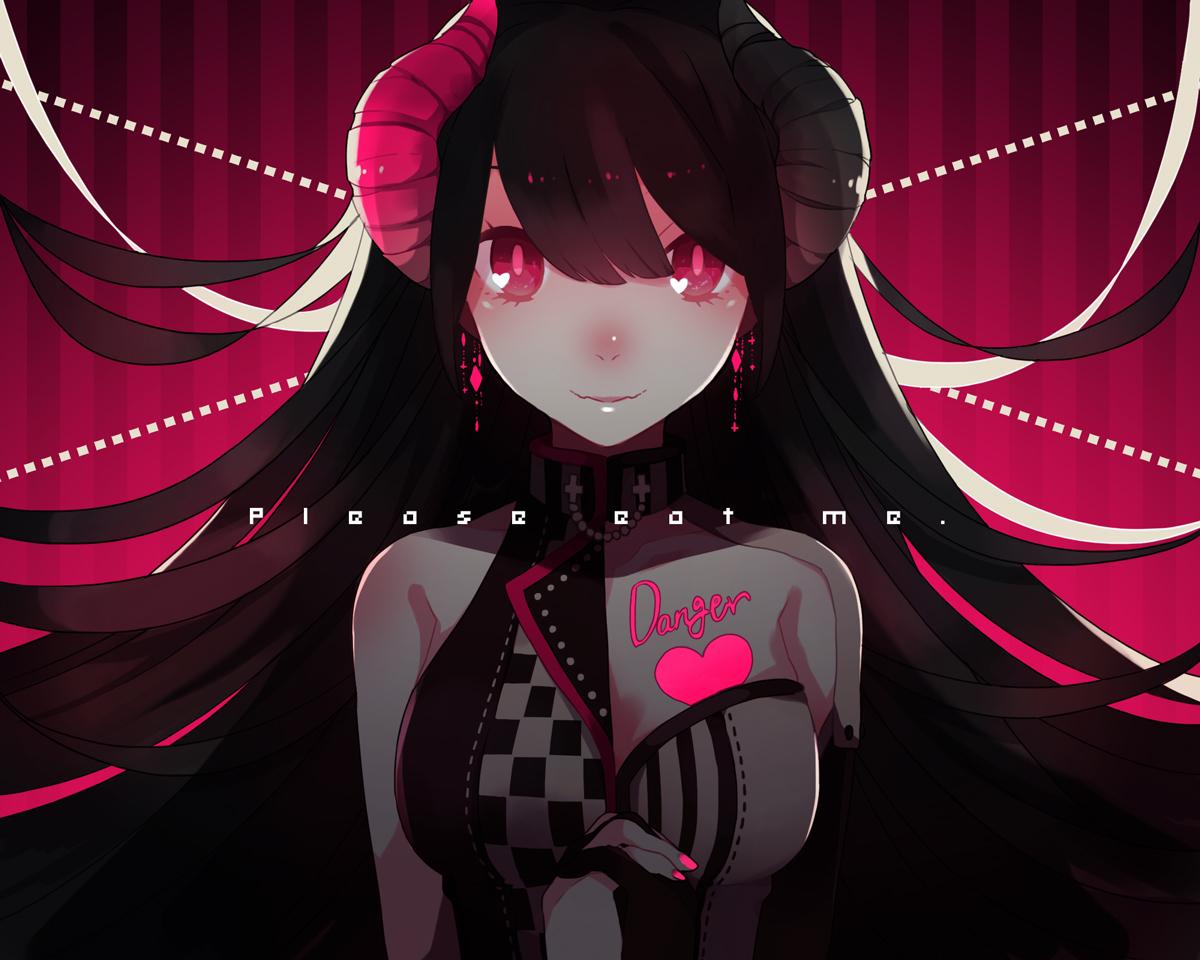 1200x960 black hair collar horns long hair original pink eyes saine (artist) tattoo. konachan.net.com Anime Wallpaper