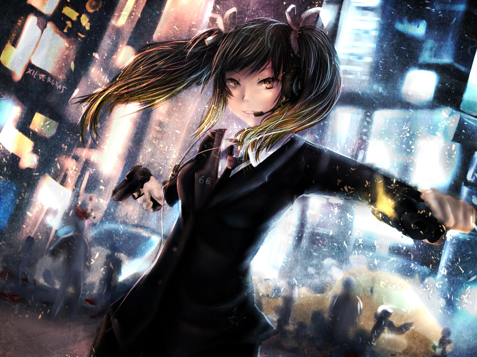 1600x1200 Girl Suit Long Hair Black Hair Anime Gun Twintails Kumo Mitsumi Wallpaper:1600x1200
