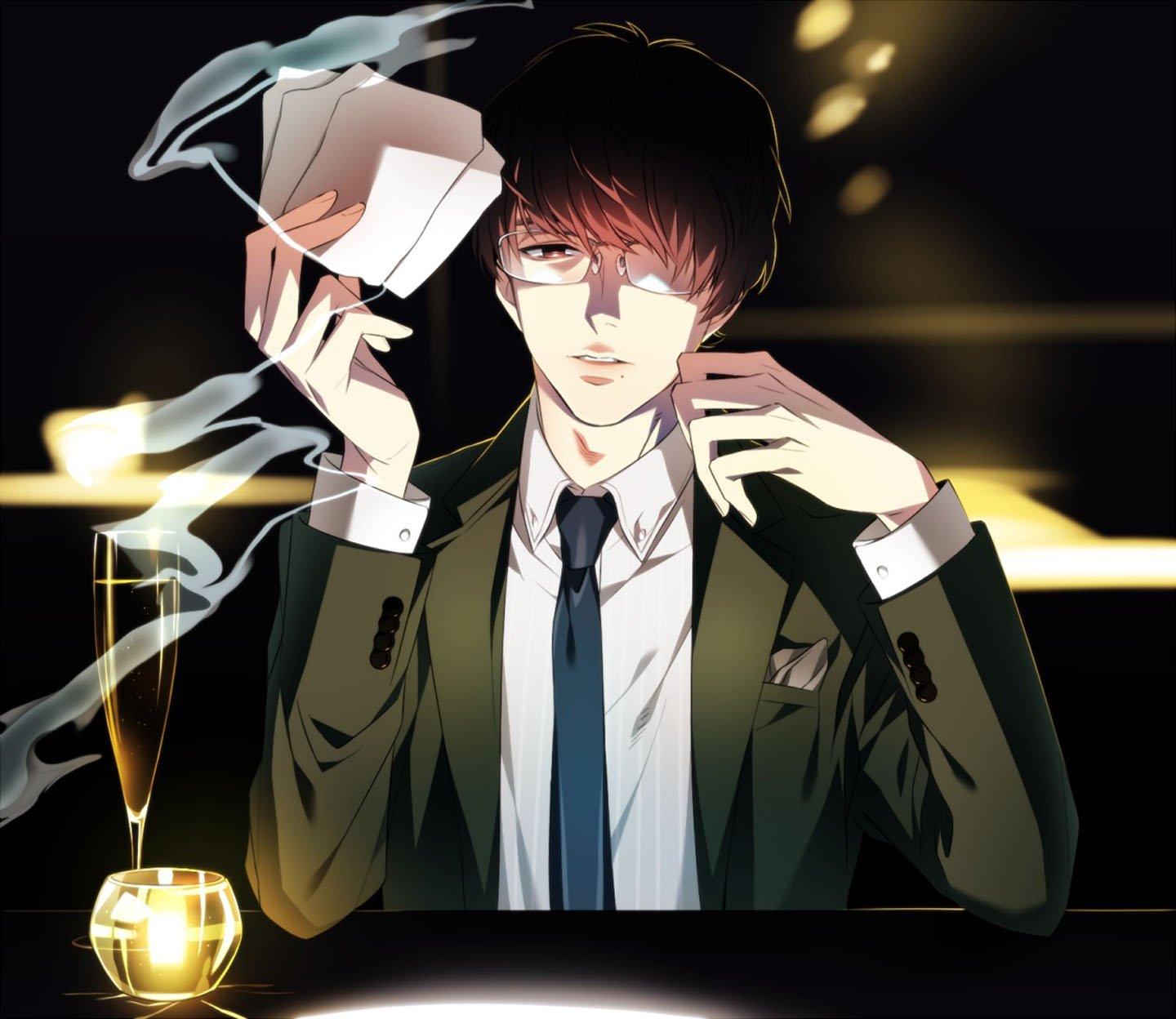 1440x1248 anime, Male, Brown, Eyes, Brown, Hair, Drink, Glasses, Male, Mozu, Mtktc, Shingai, Kazuhiko, Shirt, Short, Hair, Smoking, Suit, Tie Wallpaper HD / Desktop and Mobile Background
