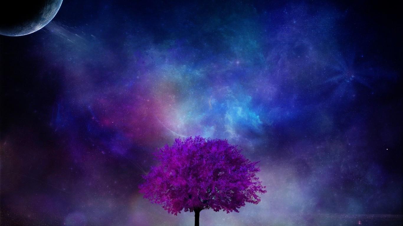 1366x768 Download 1366x768 Moon, Tree, Galaxy, Nebula, Stars, Night, Digital Art, Sci Fi Wallpaper For Laptop, Notebook