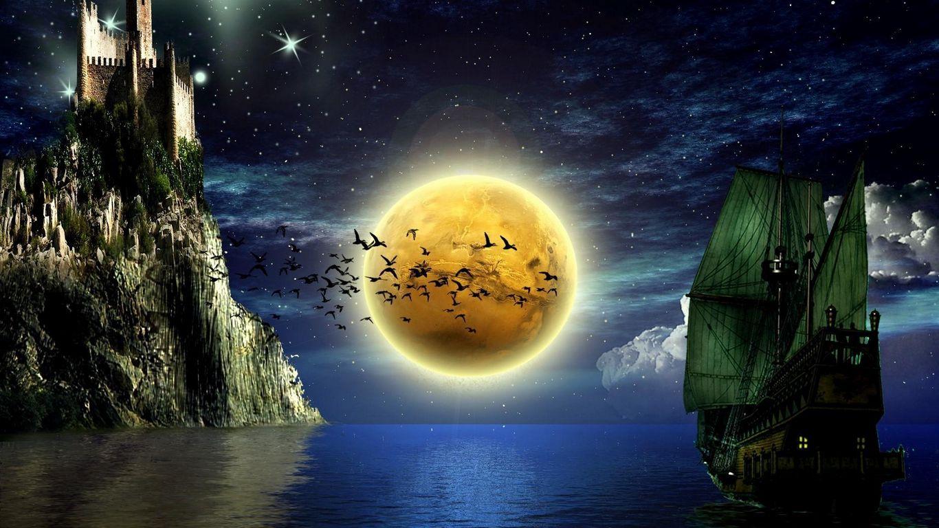 1366x768 Download wallpaper 1366x768 moon, birds, boats, water, castle, sky, stars tablet, laptop HD background