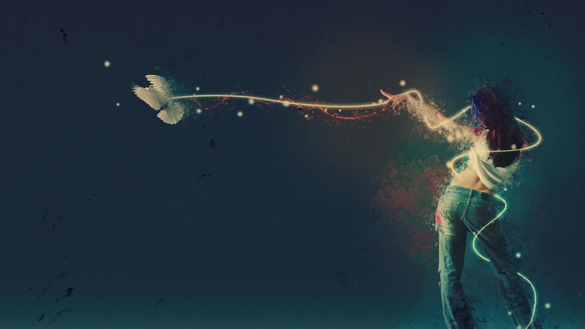1920x1080 Wallpaper girl, dance, abstract, motion, bird