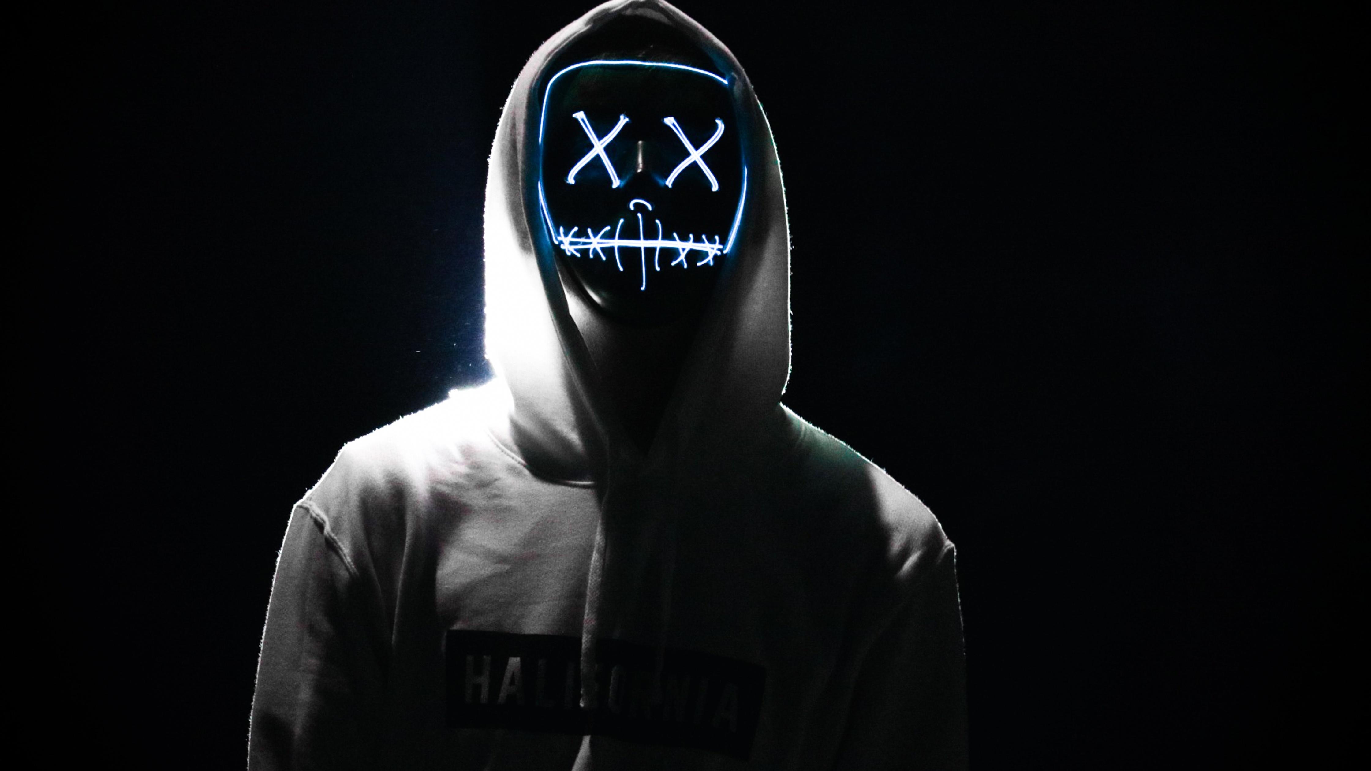 4480x2520 Man Wallpaper 4K, LED mask, Dope, Night, Anonymous, Hoodie, AMOLED, Photography