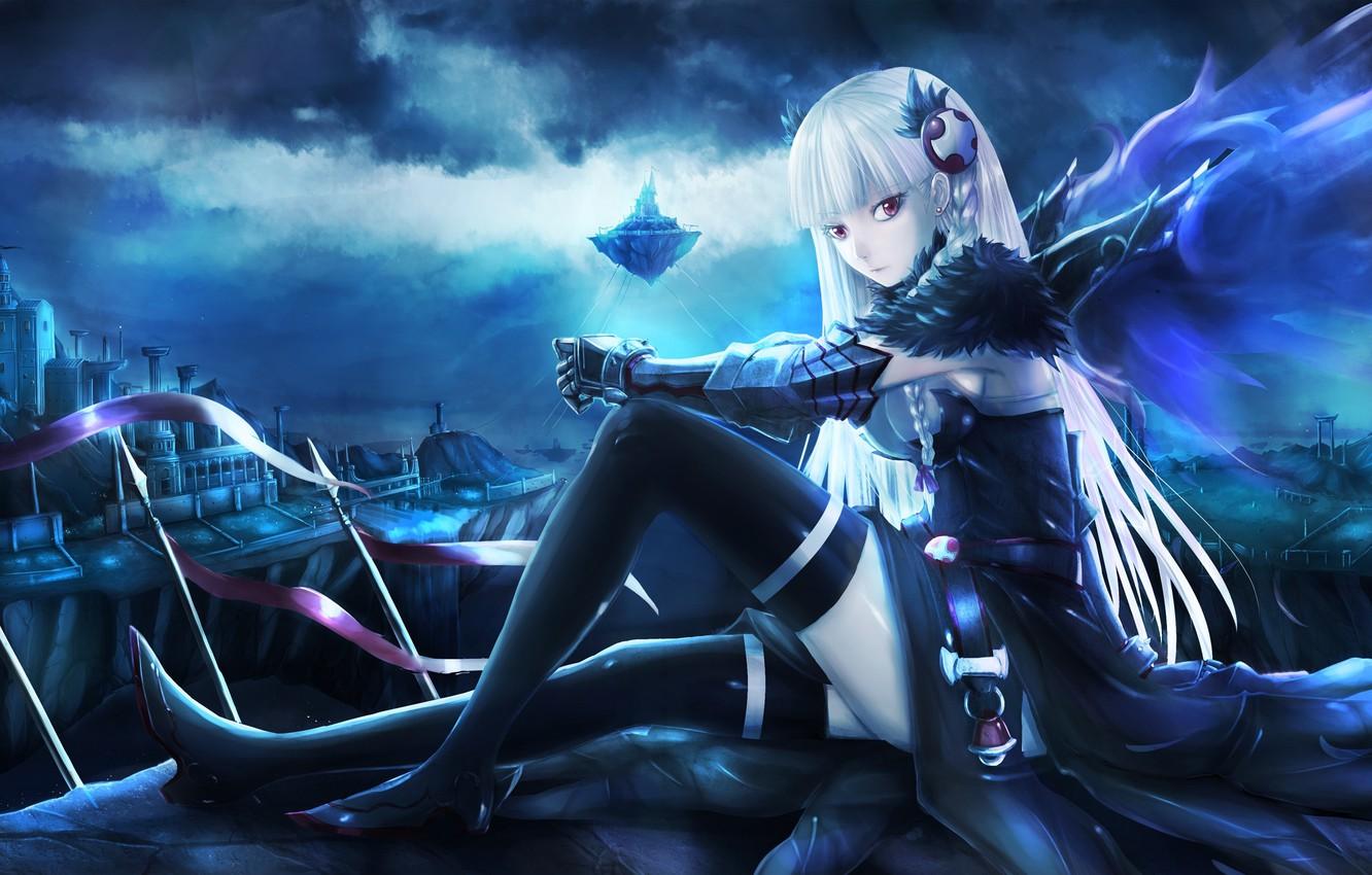 1332x850 Wallpaper girl, the city, wings, art, sitting, valkyrie, mazeka, aka, puzzle & dragons image for desktop, section прочее