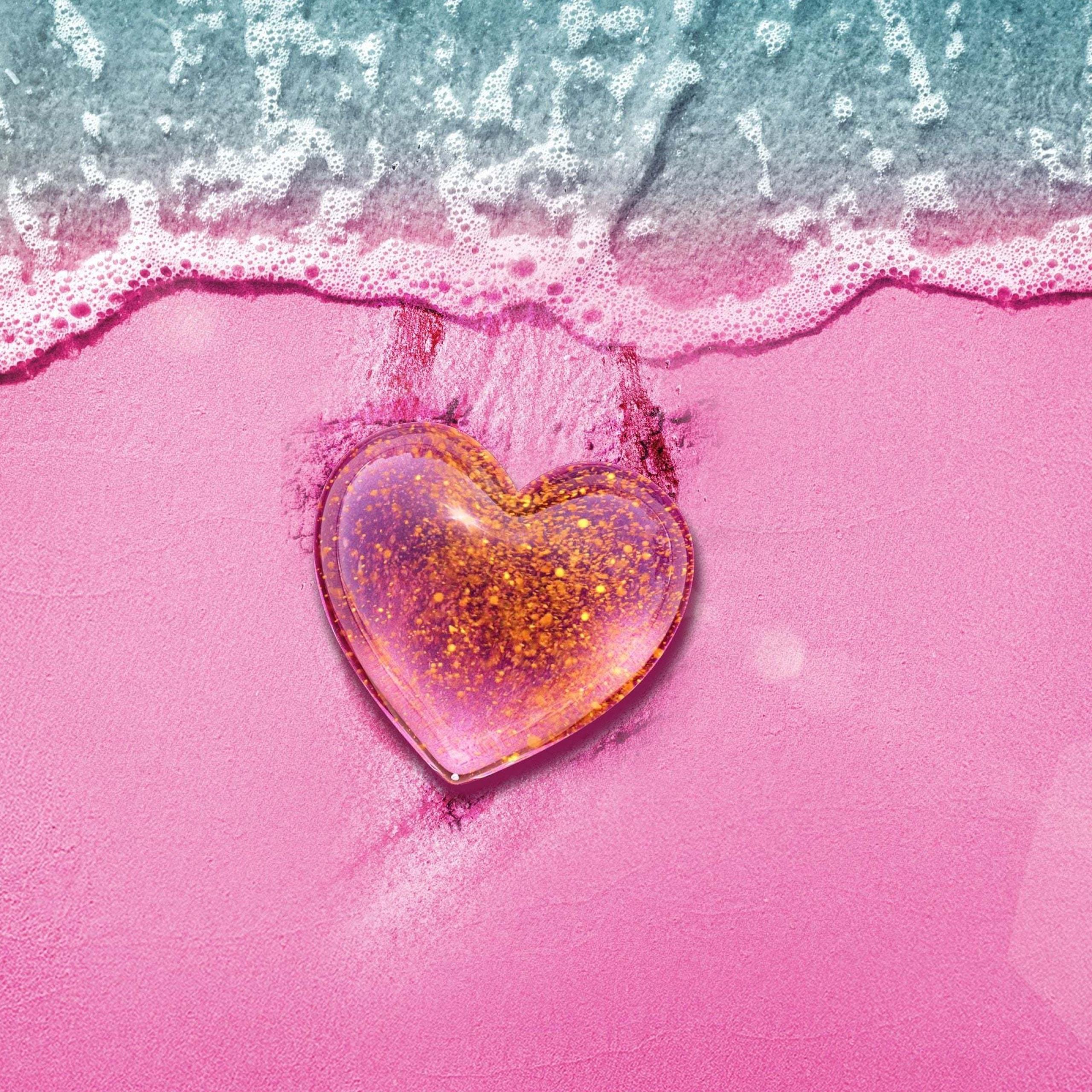 2560x2560 Love heart Wallpaper 4K, Beach, Pink background, Pink Heart, Aerial view, Love
