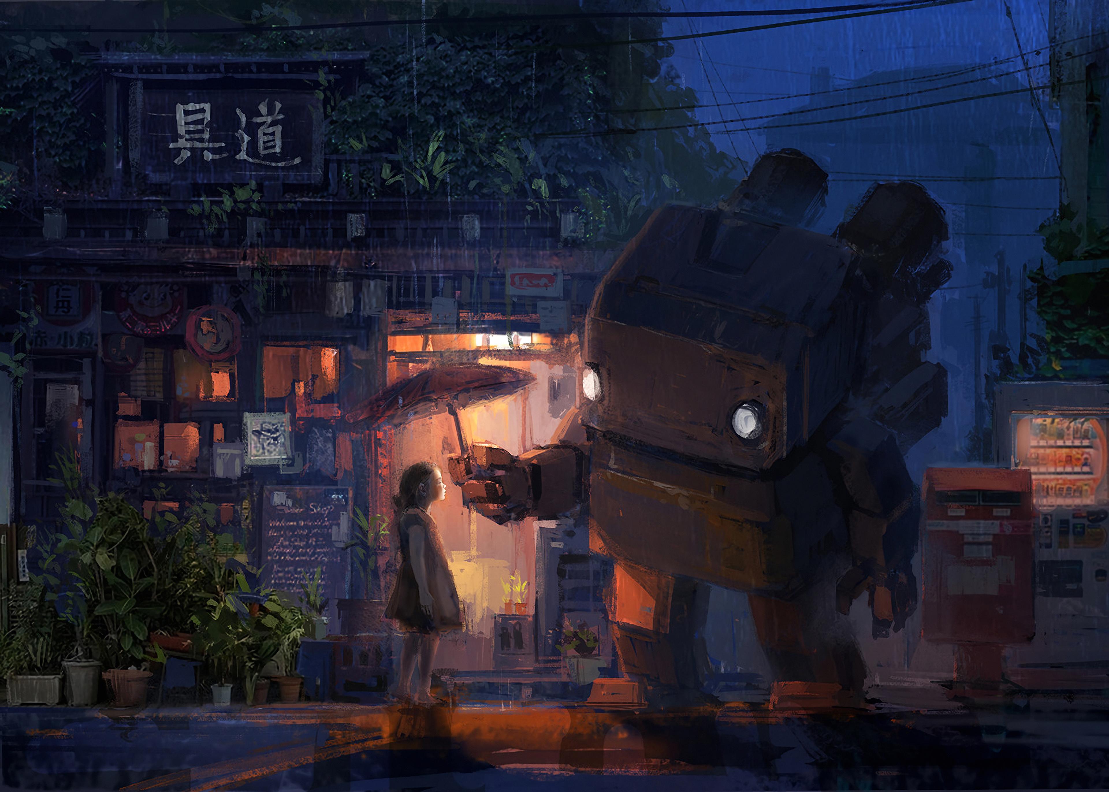 3840x2742 Rainy Day With My Robot Friend Painting 4k, HD Artist, 4k Wallpaper, Image, Background, Photo and Picture