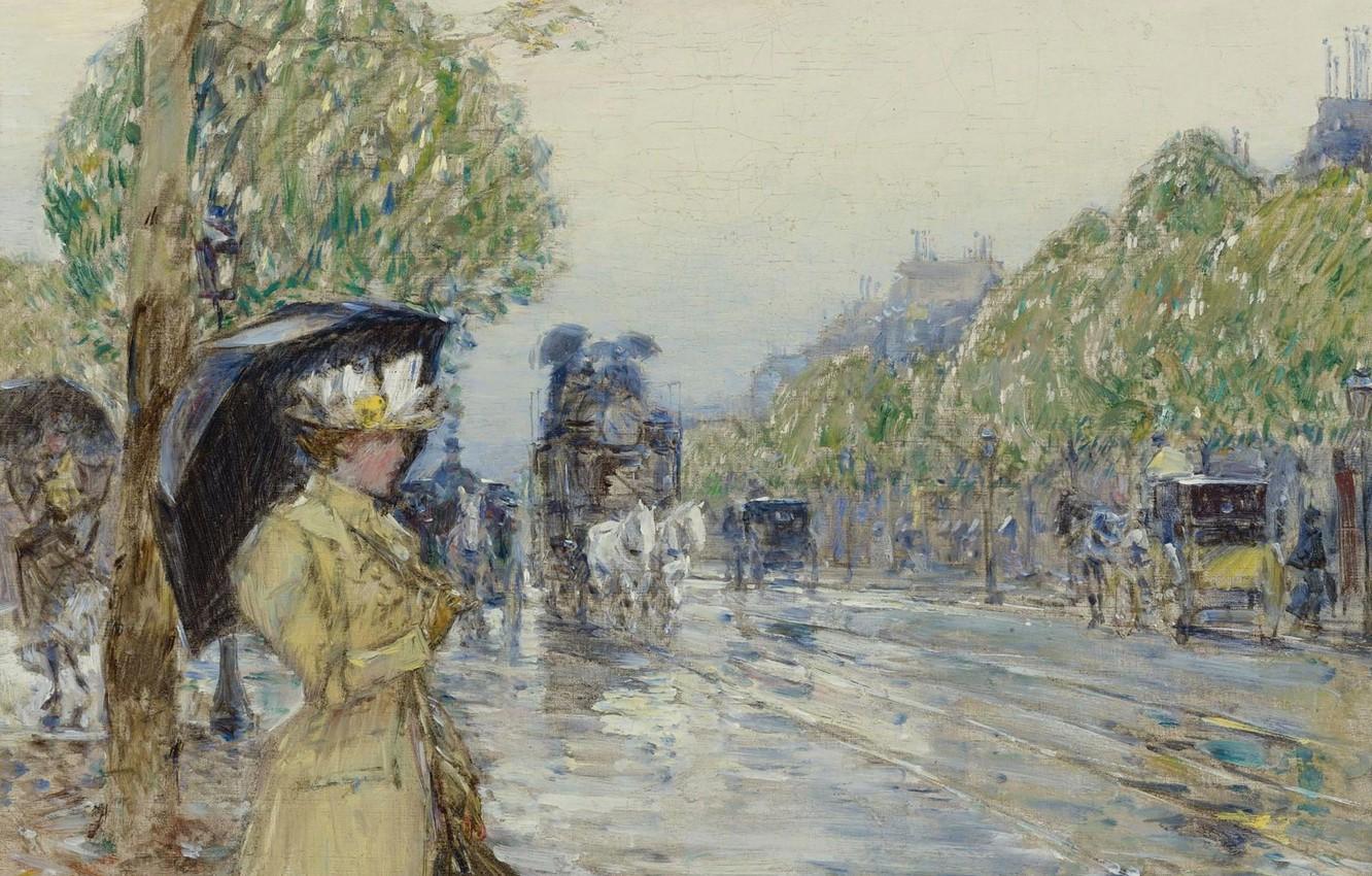 1332x850 Wallpaper girl, street, picture, umbrella, the urban landscape, Frederick Childe Hassam, Childe Hassam, Rainy Day on the Avenue image for desktop, section живопись