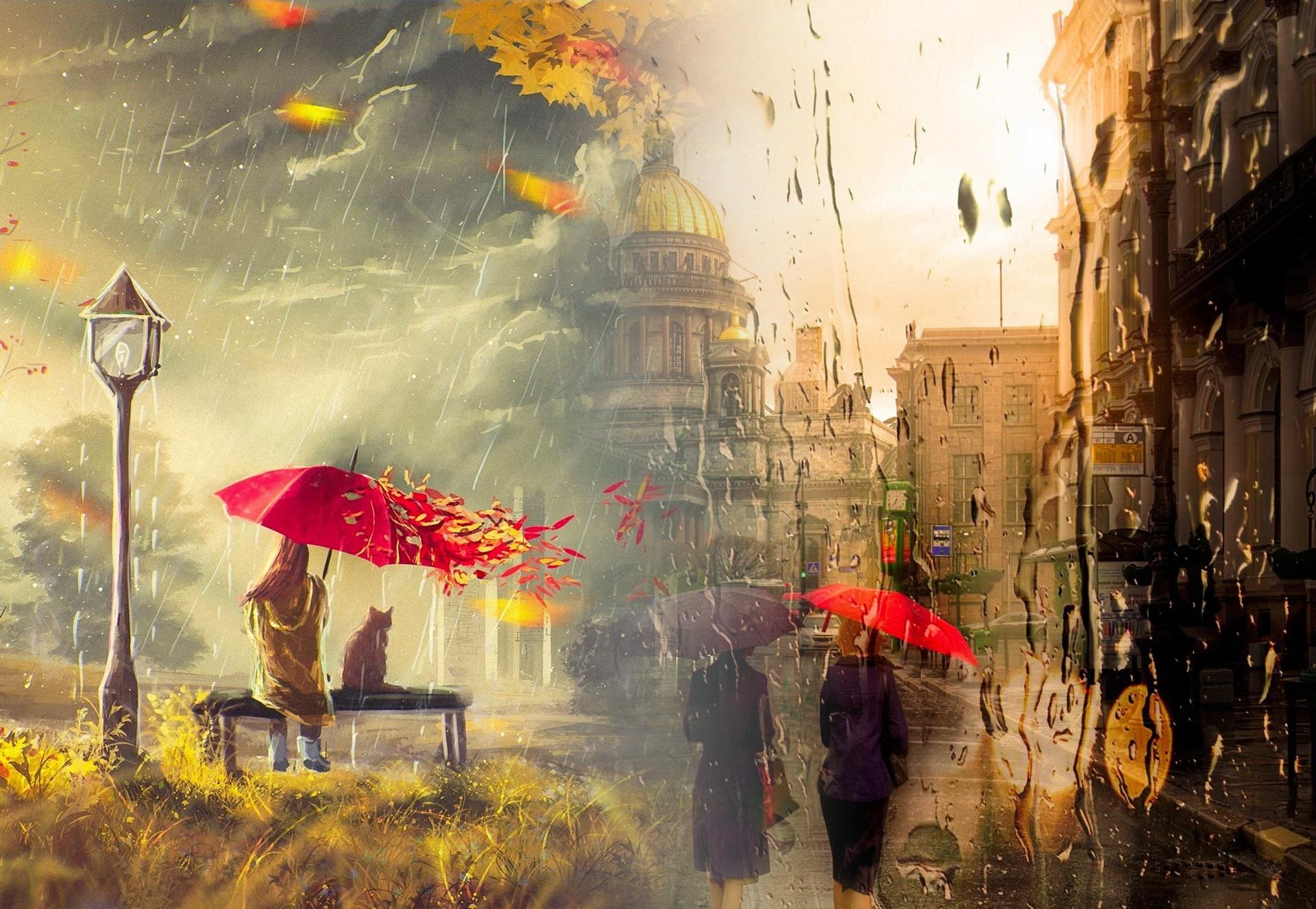 1920x1326 wind, day, umbrella, drops, rain, art, fall, autumn, city, leaves, painting
