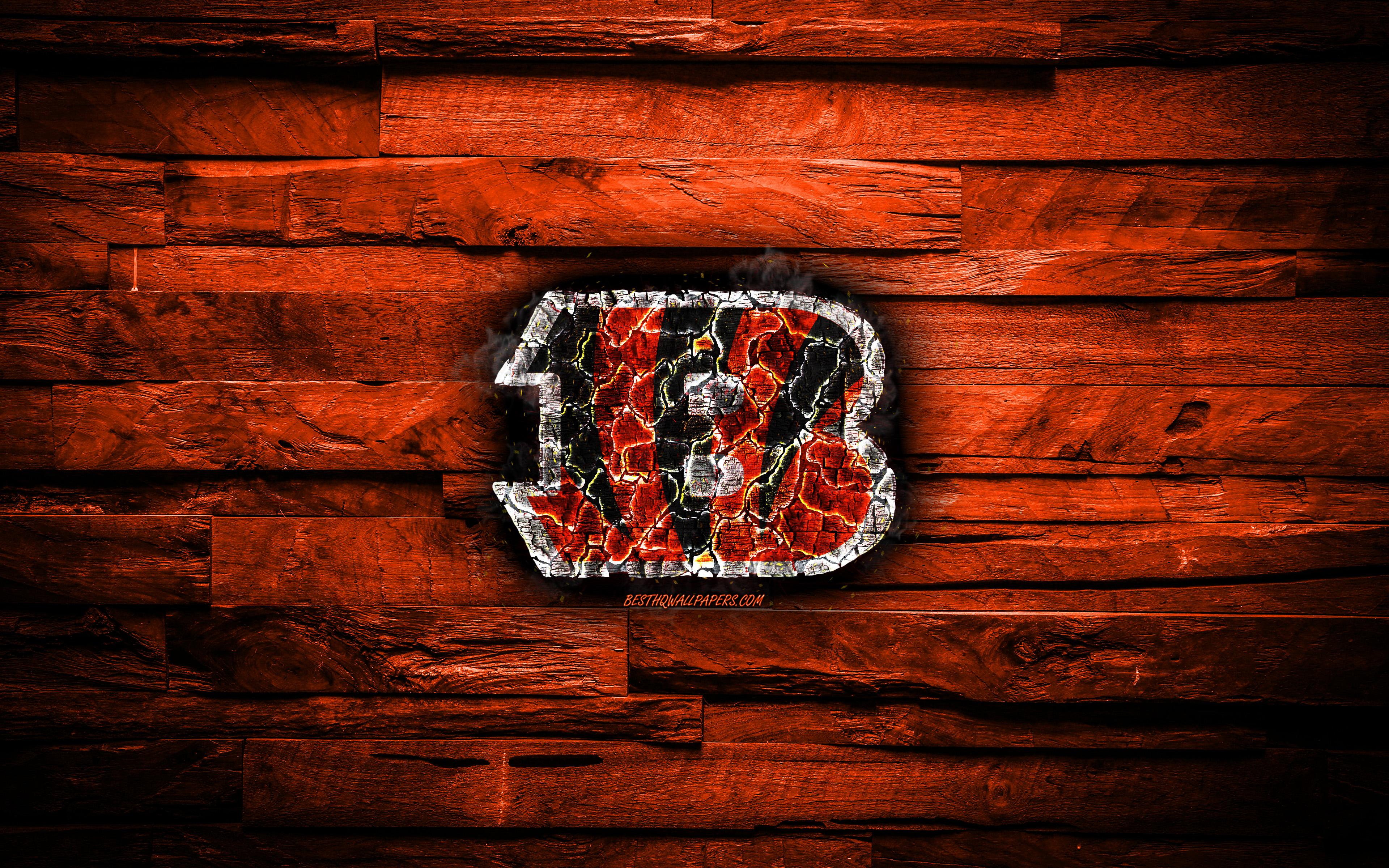 3840x2400 Download wallpaper Cincinnati Bengals, 4k, scorched logo, NFL, orange wooden background, american baseball team, American Football Conference, grunge, baseball, Cincinnati Bengals logo, fire texture, USA, AFC for desktop with resolution 3840x2400. High