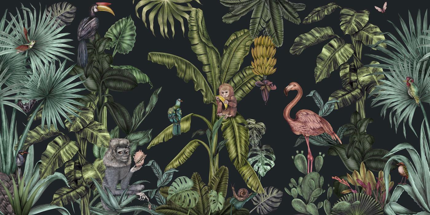 1400x700 Blue & Green Exotic Bird Monkey Jungle Mural