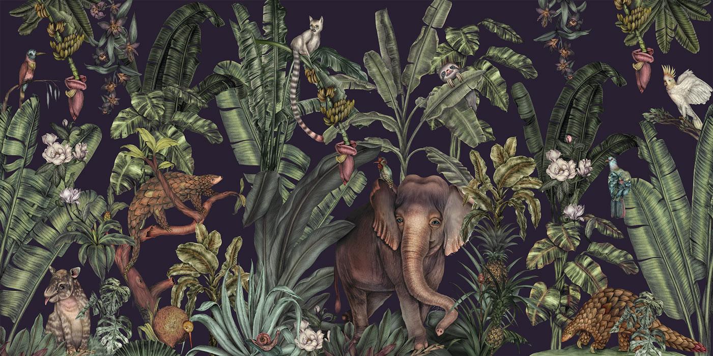 1401x700 Blue & Green Tropical Elephant Wallpaper Mural