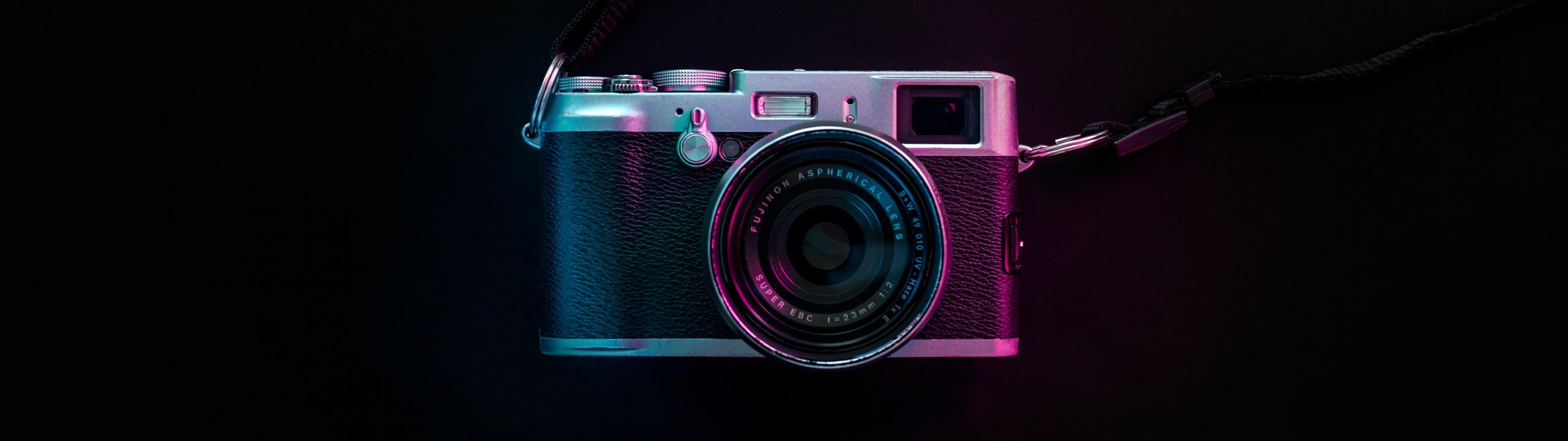 3840x1080 Vintage Camera Wallpaper 4K, Fujifilm, Black background, Purple light, Photography