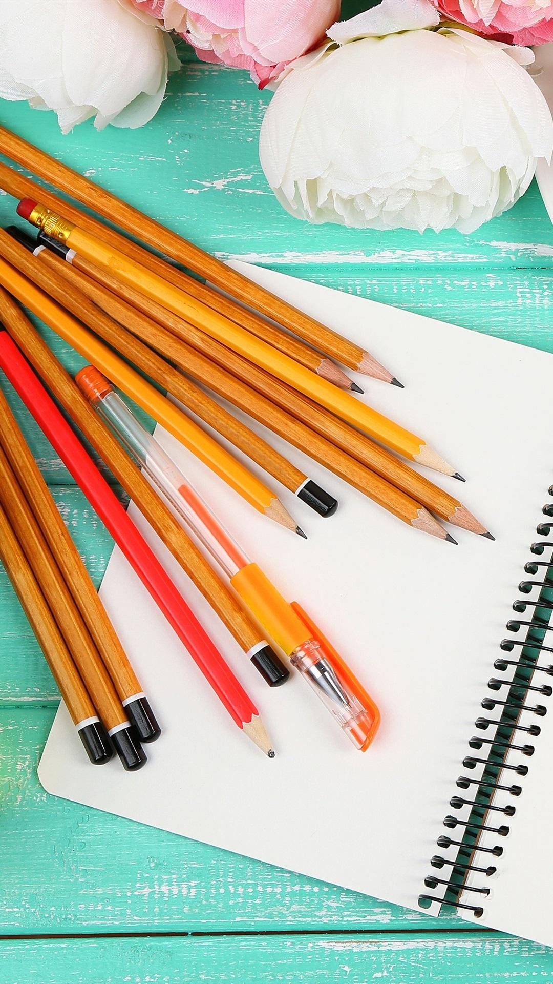 1080x1920 iPhone Wallpaper Pencils, Notebook, Tea, Flowers And Pencil HD