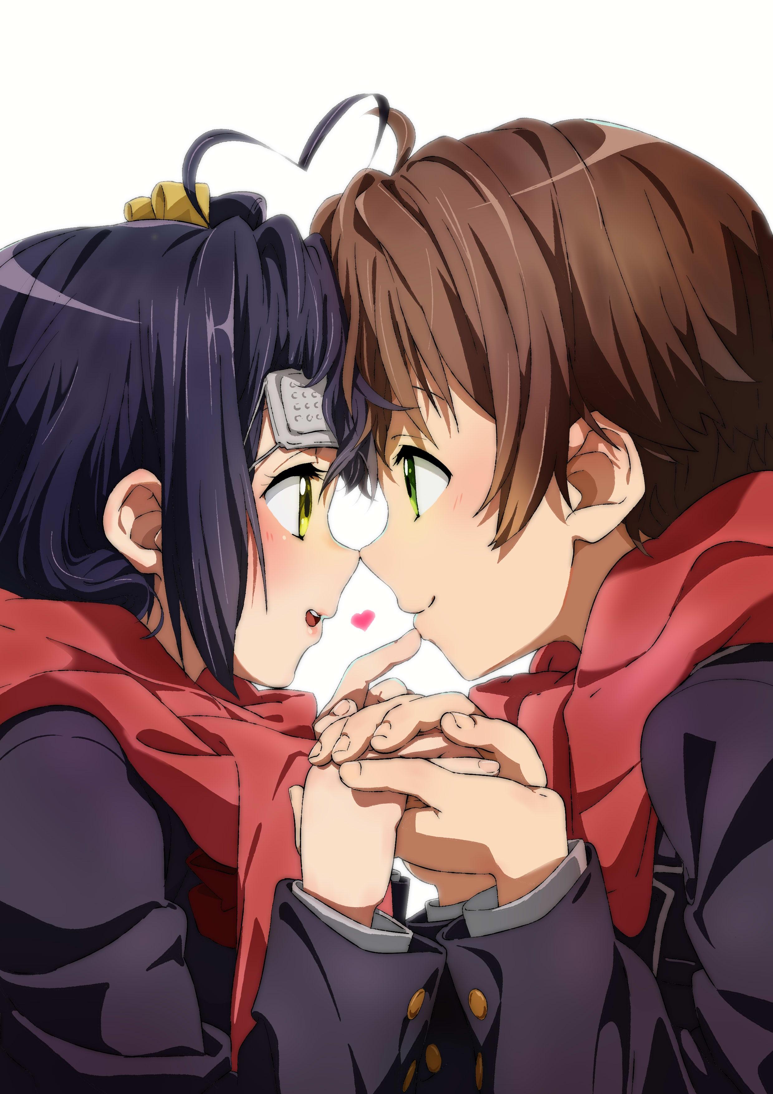 2480x3508 Takanashi Rikka, brunette, blushing, couple, eyepatches, profile, anime, anime boys, vertical, Togashi Yuuta, anime girls, ahoge, scarf, smiling, yellow eyes, looking away, short hair, open mouth, small boobs, green eyes, Chuunibyou