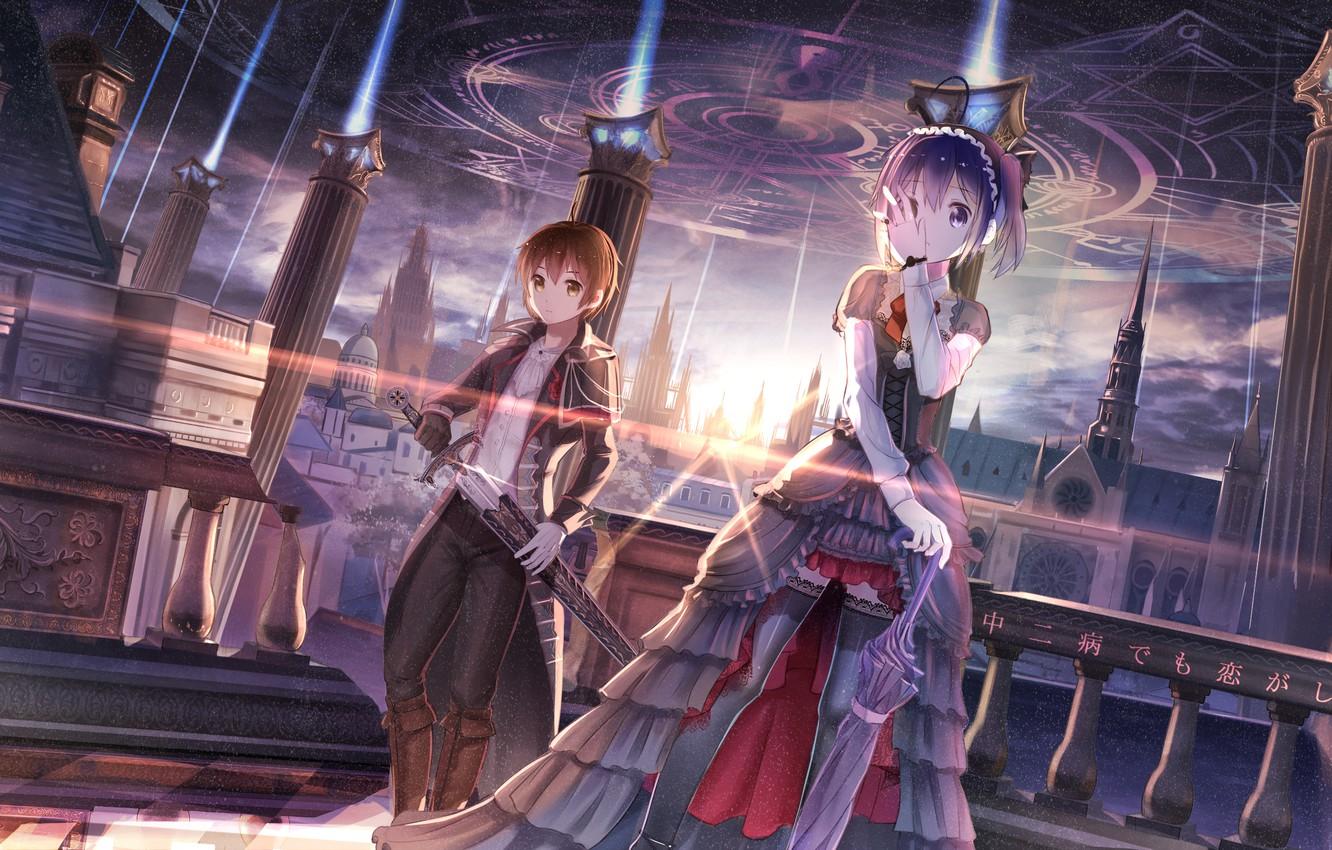 1332x850 Wallpaper the sky, girl, stars, the city, weapons, home, sword, anime, art, guy, red flowers, to rik takanashi, chuunibyou demo koi ga shitai!, togashi yuuta image for desktop, section прочее