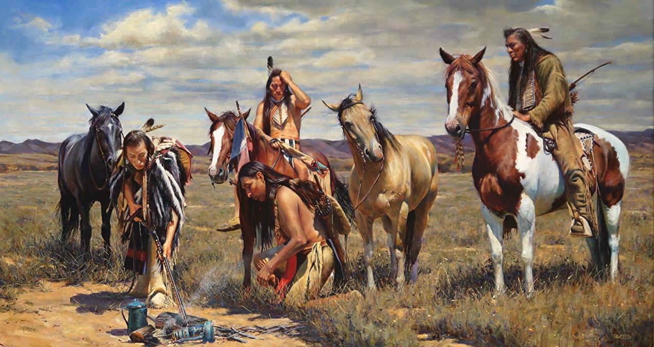 1280x680 Picture horse Indians John Fawcett, Warm Coals Pictorial art