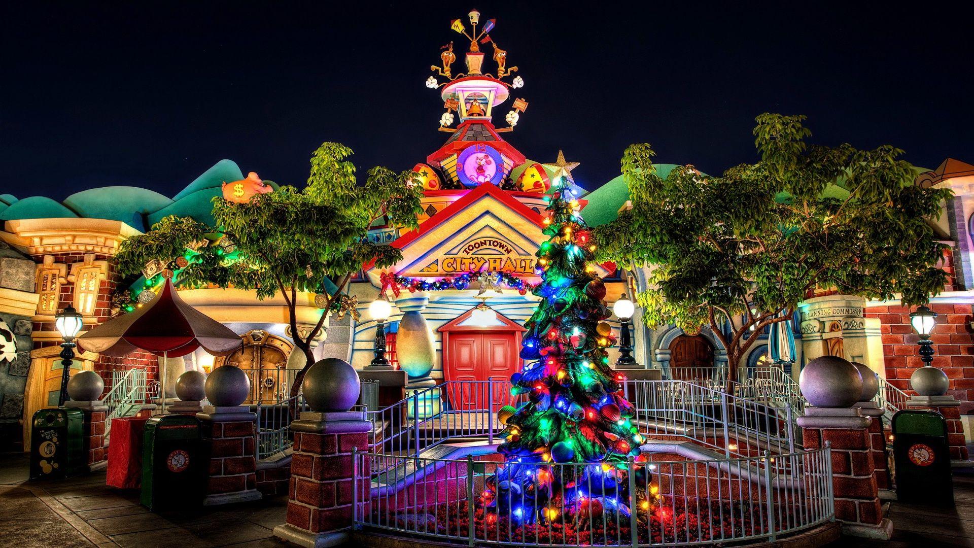 1920x1080 Toon Town City Hall at Christmas. Disneyland christmas, Christmas wallpaper, Christmas wallpaper hd