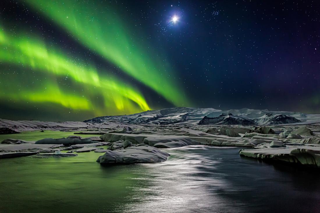 1100x733 Moon and Aurora Borealis, Northern Lights with the Moon Illuminating the Skies and Icebergs Photo Print Wall Art By Green Light Collection