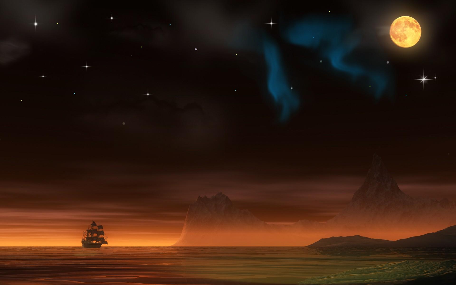 1920x1200 night, Pirate, Ship, Planets, Moon, Aurora, Borealis Wallpaper HD / Desktop and Mobile Background