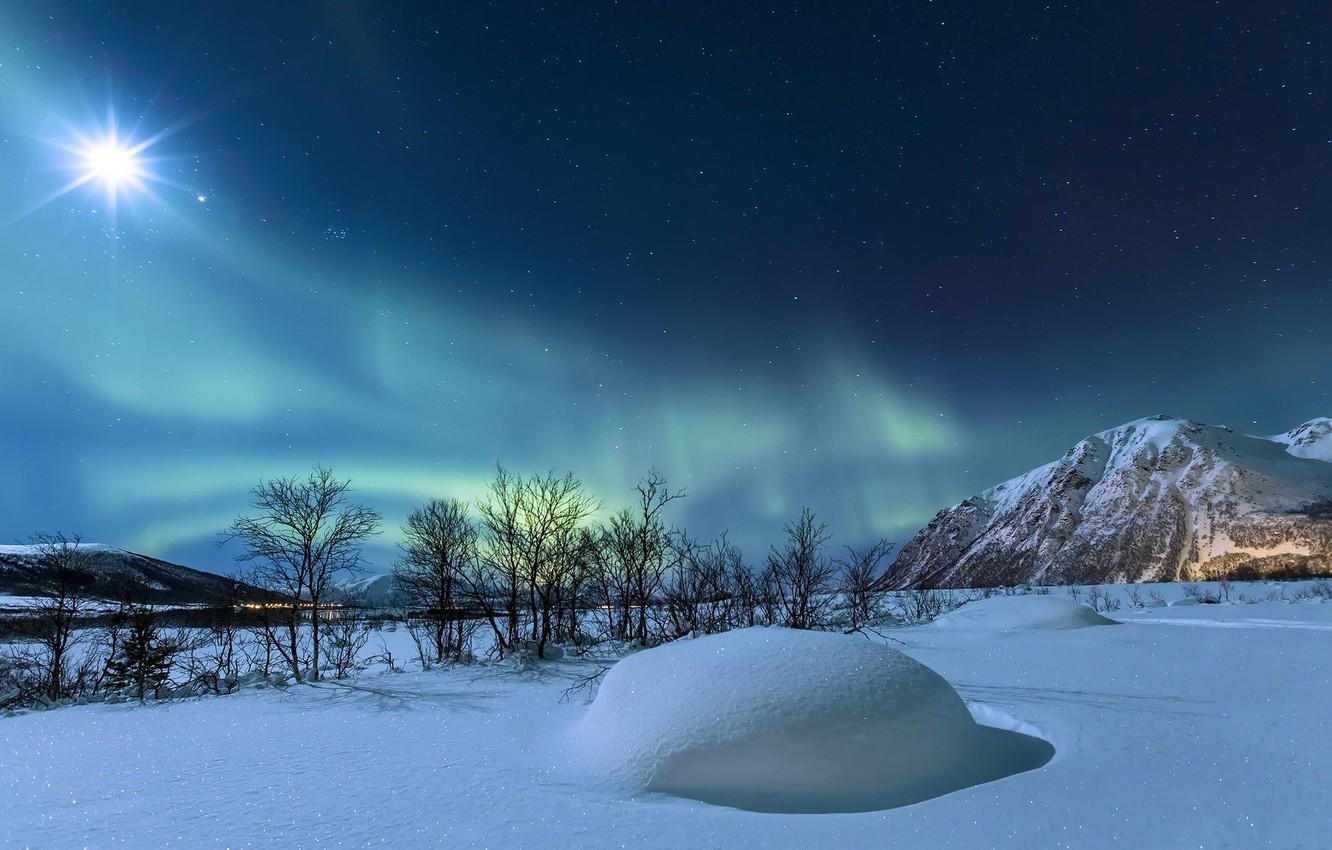 1332x850 Wallpaper winter, stars, snow, mountains, night, the moon, Northern lights, Norway image for desktop, section природа