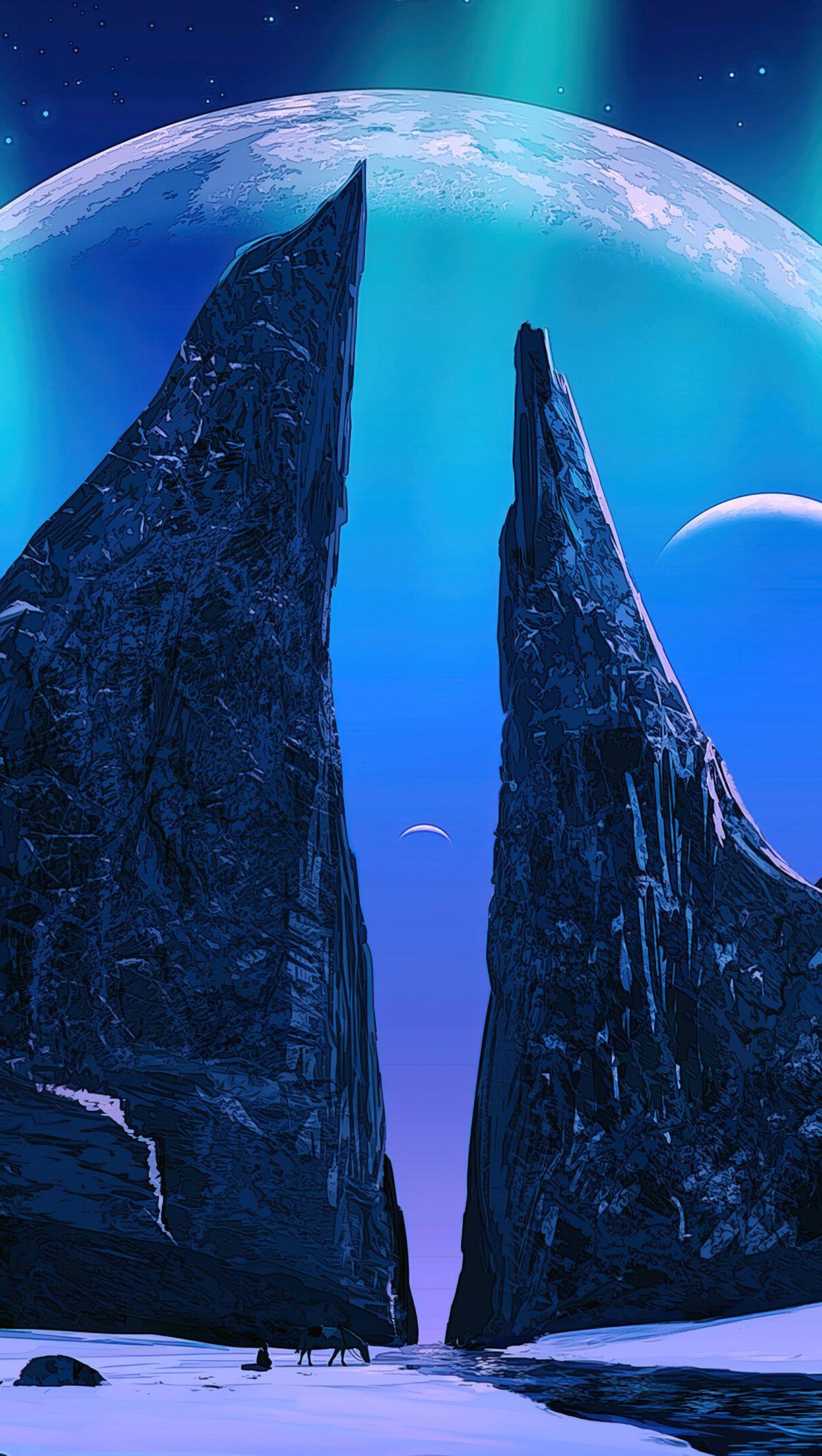 1220x2160 Aurora Borealis with mountains and moon in the background Wallpaper 4k Ultra HD