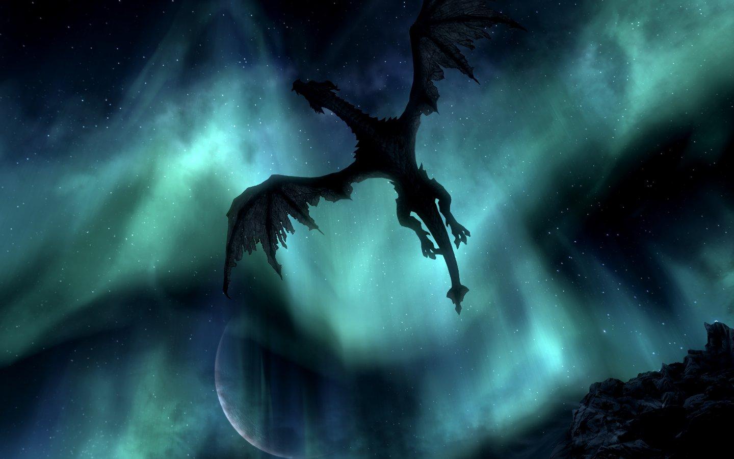 1440x900 the, Elder, Scrolls, Skyrim, Paarthurnax, Moon, Night, Dragon, Aurora, Borealis Wallpaper HD / Desktop and Mobile Background