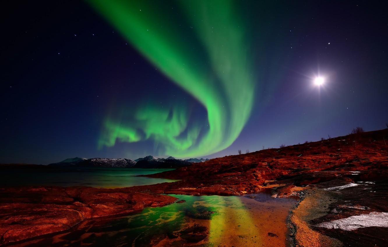 1332x850 Wallpaper the sky, Islands, stars, mountains, night, the moon, Northern lights, Norway image for desktop, section природа
