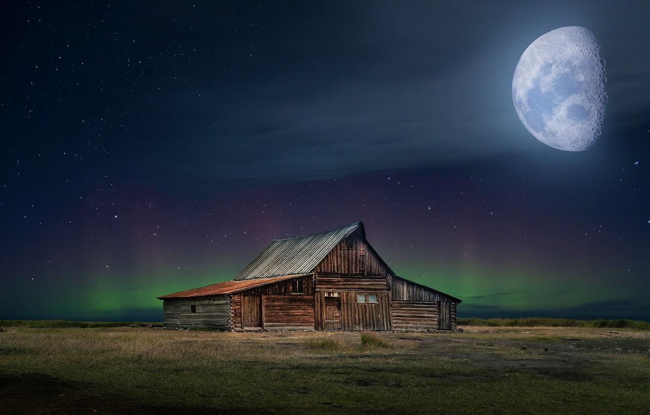 1332x850 Wallpaper field, stars, night, rendering, the moon, Northern lights, house image for desktop, section рендеринг