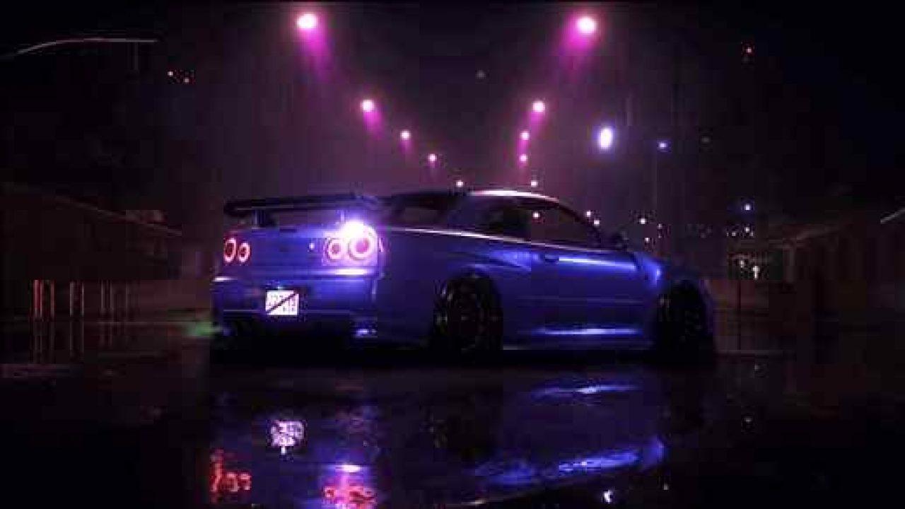 1280x720 Nissan Skyline GT R R34 / Rain / Night City Desktop Wallpaper