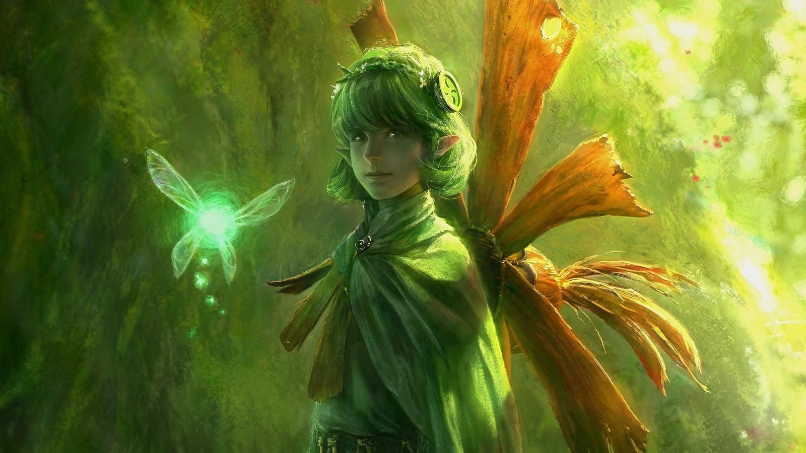 1600x900 sunlight, forest, illustration, green, jungle, mythology, Saria, flower, fairy, screenshot, habitat, computer wallpaper, fictional character, mythical creature. Mocah HD Wallpaper