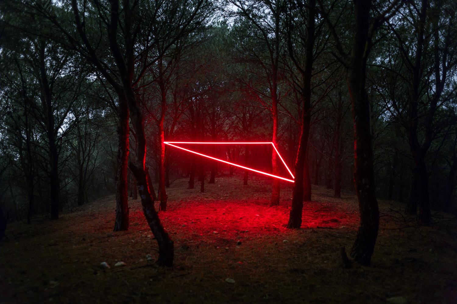 1500x999 Landscape Trees Plants Triangle Neon Laser Nicolas Rivals Dark Forest Wallpaper:1500x999