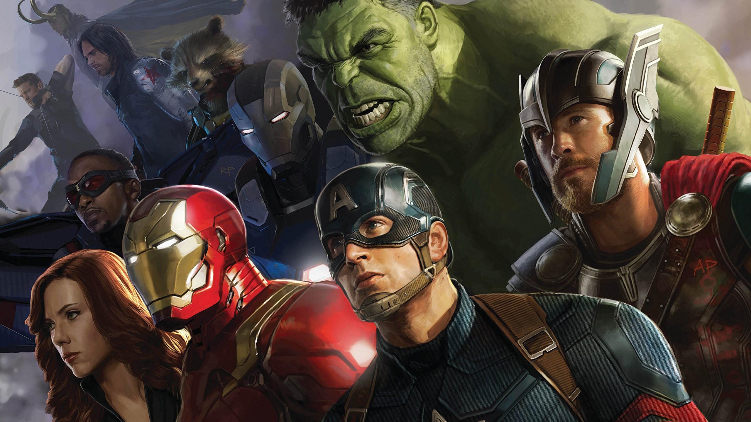 2560x1440 Wallpaper / artwork, The Avengers, Marvel Comics, Marvel Cinematic Universe, comics, superhero, Hulk, Iron Man, Thor, Captain America, Rocket Raccoon, Loki, War Machine, Black Widow, Falcon, Hawkeye