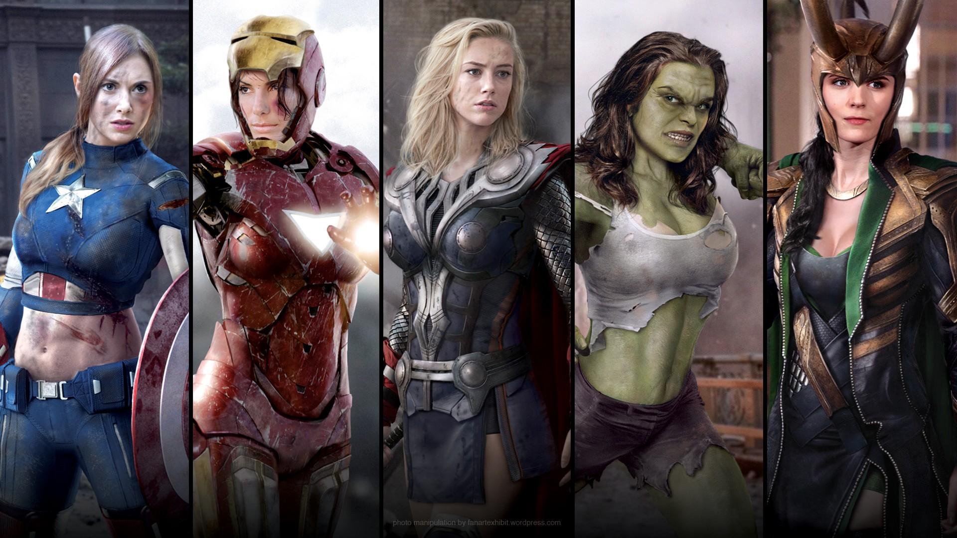1920x1079 #Iron Man, #collage, #The Avengers, #Amber Heard, #hero, #Captain America, #Hulk, #Sandra Bullock, #Loki, #fakes, #Thor, #photo manipulation, #women, #Alison Brie, wallpaper. Mocah HD Wallpaper