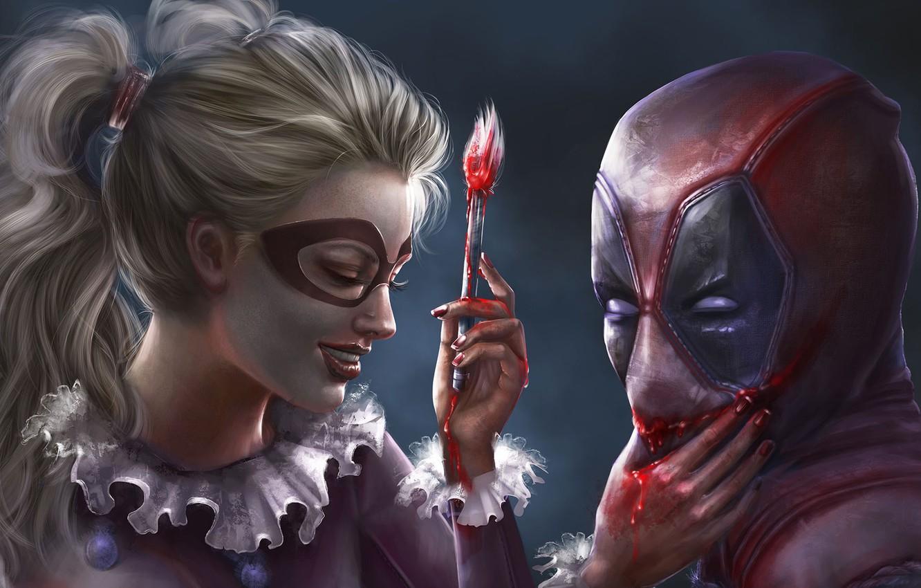 1332x850 Wallpaper smile, paint, art, brush, Deadpool, Harley Quinn image for desktop, section фантастика