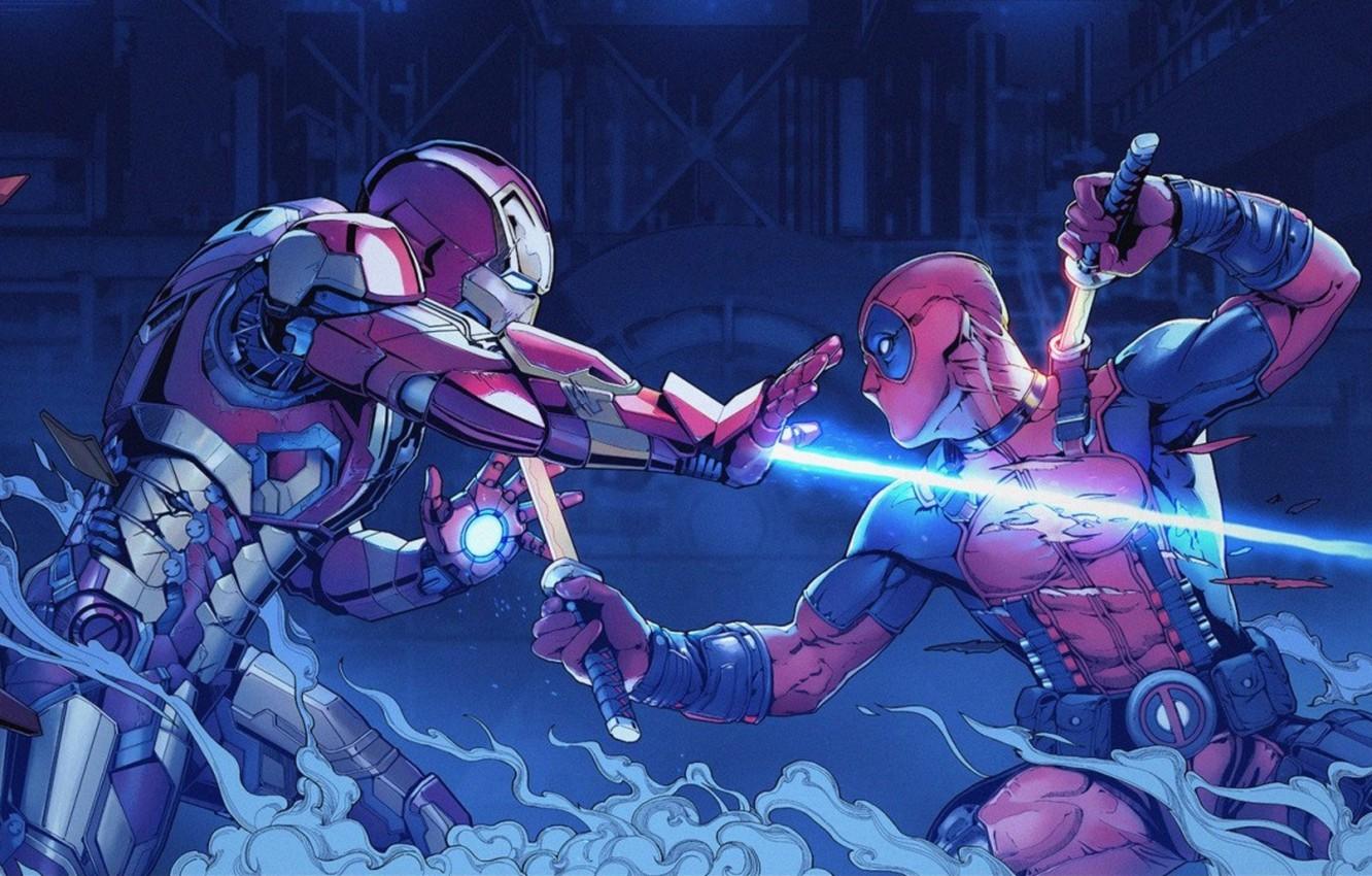1332x850 Wallpaper fight, tony stark, wade wilson, Iron man vs deadpool image for desktop, section фантастика