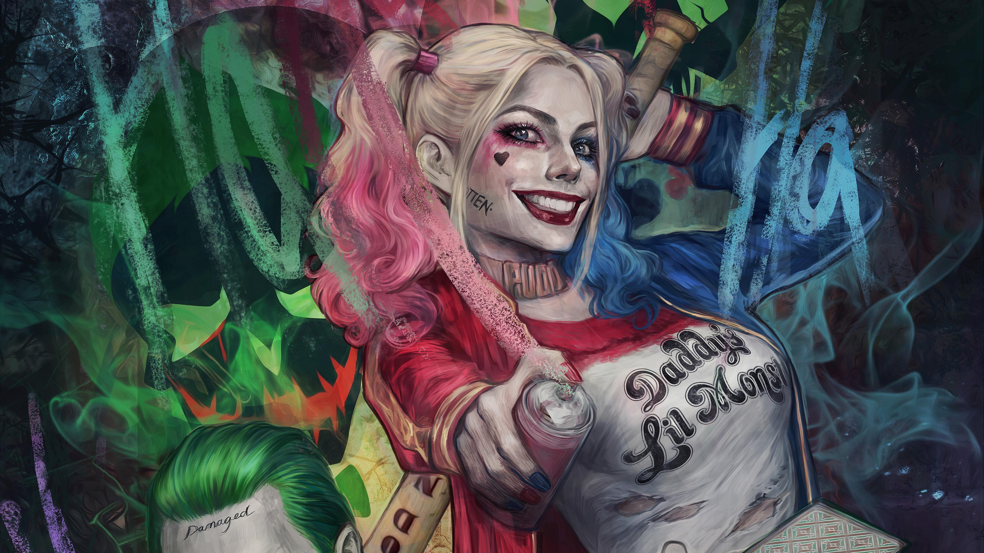 3840x2160 harley quinn wallpaper, joker, harley quinn, supervillain, fictional character, illustration, art, cool, painting, mural, street art