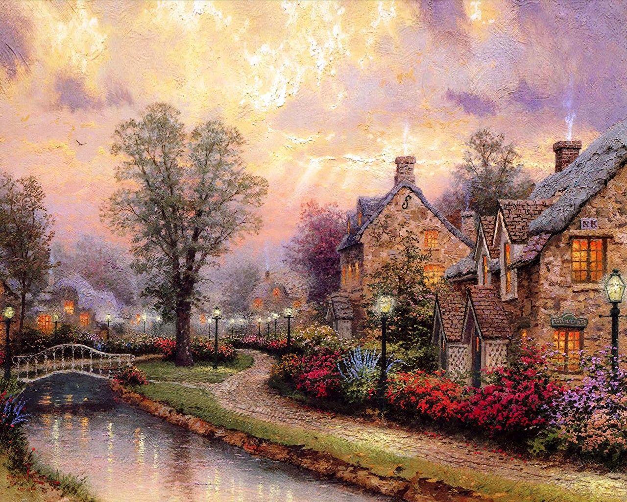 1280x1024 Image Thomas Kinkade the brooke windermer and cottage row