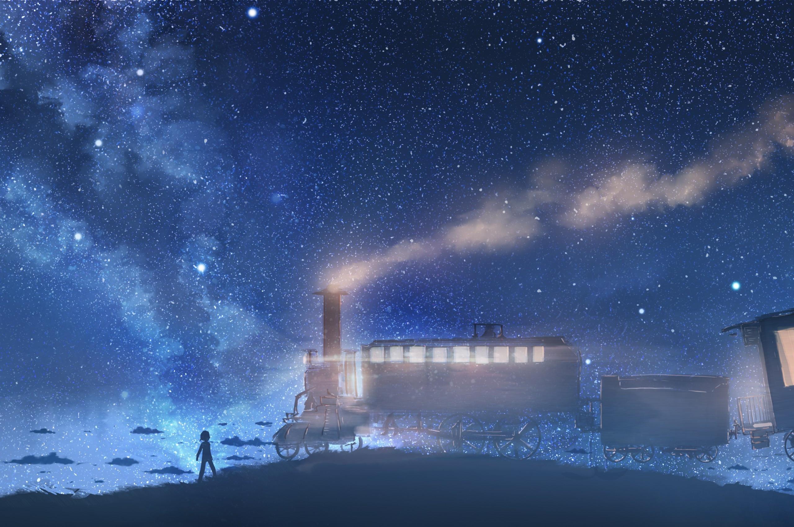 2560x1700 Download 2560x1700 Steam Train, Smoke, Stars, Silhouette, Sky, Dream Wallpaper for Chromebook Pixel