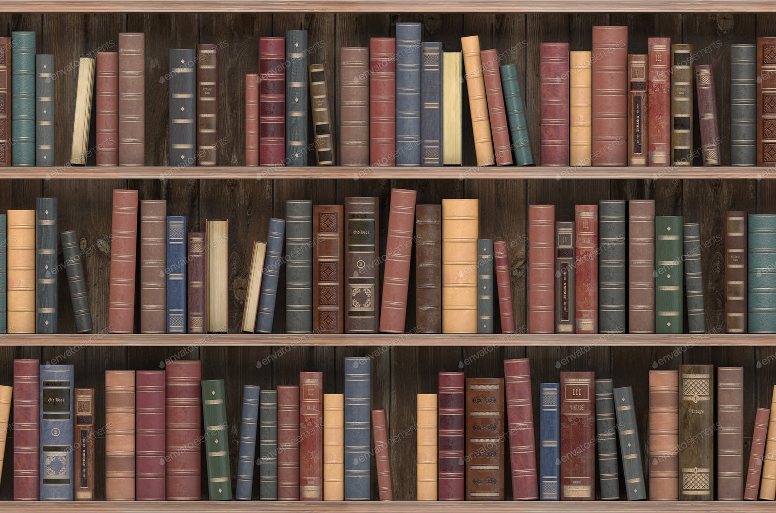 1600x1057 Vintage books on old wooden shelf. Old library or antique bookshop. Tiled seamless texture photo by maxxyustas on Envato Elements