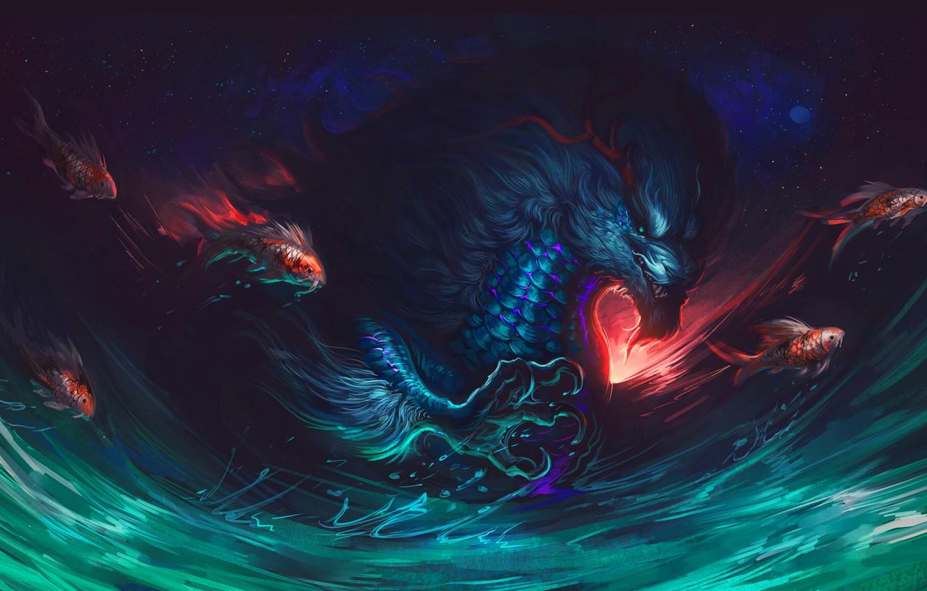 1332x850 Wallpaper Being, Dragon, Fish, Fish, Fish, Paw, Art, Art, Fiction, Illustration, Science Fiction, Creature, Illustration, Ryujin, Paw, Elena Zimina image for desktop, section фантастика