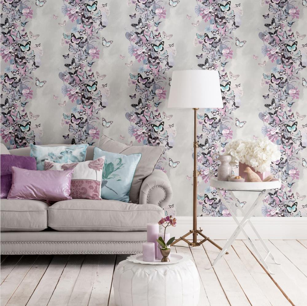 1000x999 Muriva Summertime Pink Grey Blue Rose Gold Floral Butterfly Wallpaper Glitter