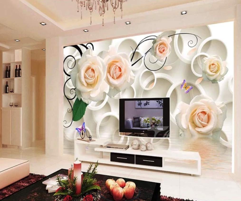 1014x844 Muraviewall 3D Circle Luxury White Rose Flower Wallpaper Soft Package Stereo TV Background Hotel Living Room Tv Sofa Mural Children Bedroom Peel and Stick I Custom Size : Handmade Products