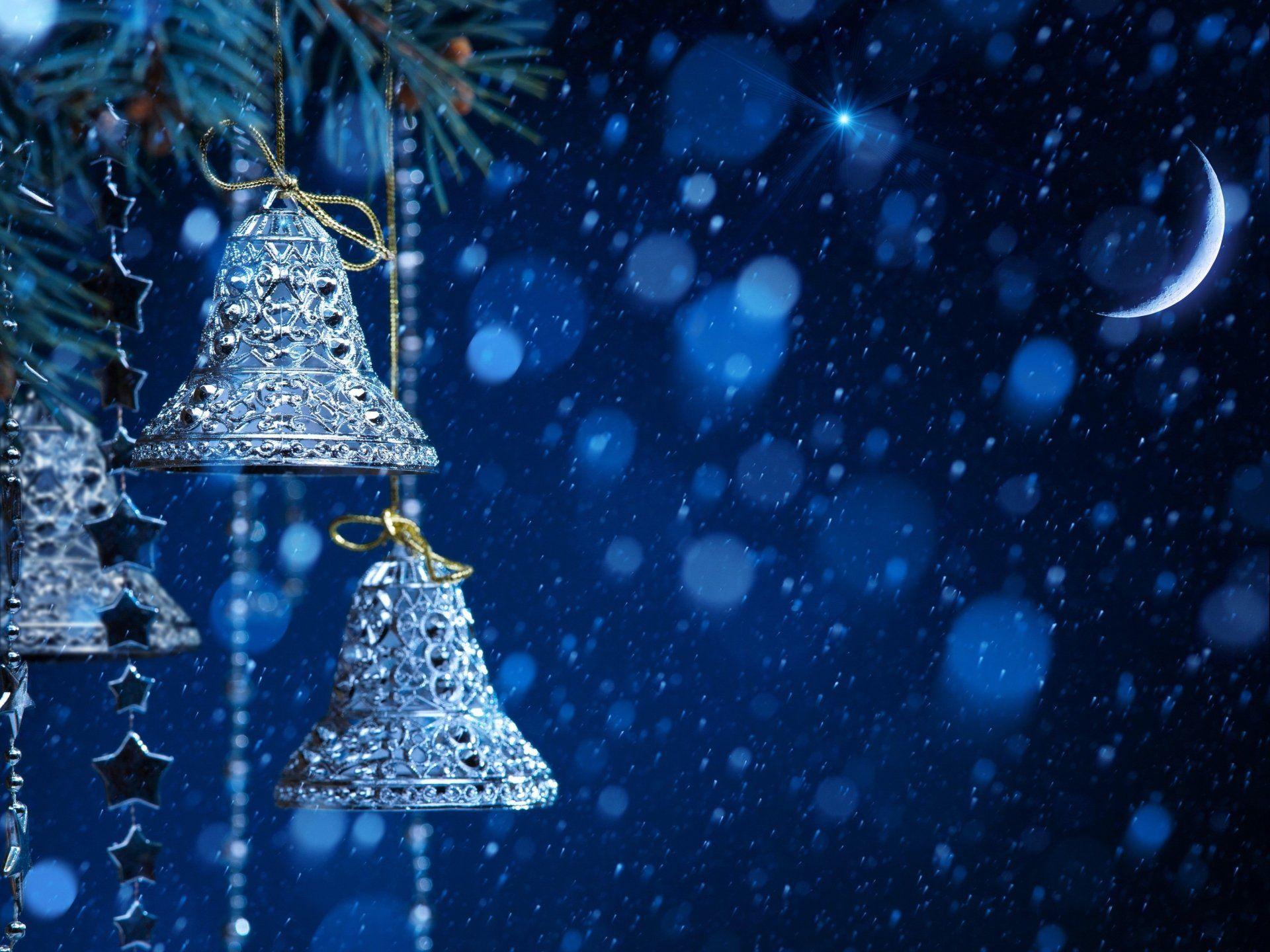 1920x1440 Holiday Christmas Holiday Christmas Ornaments Bell Night Snowfall Wallpaper. Silver christmas, Christmas wallpaper, Christmas background