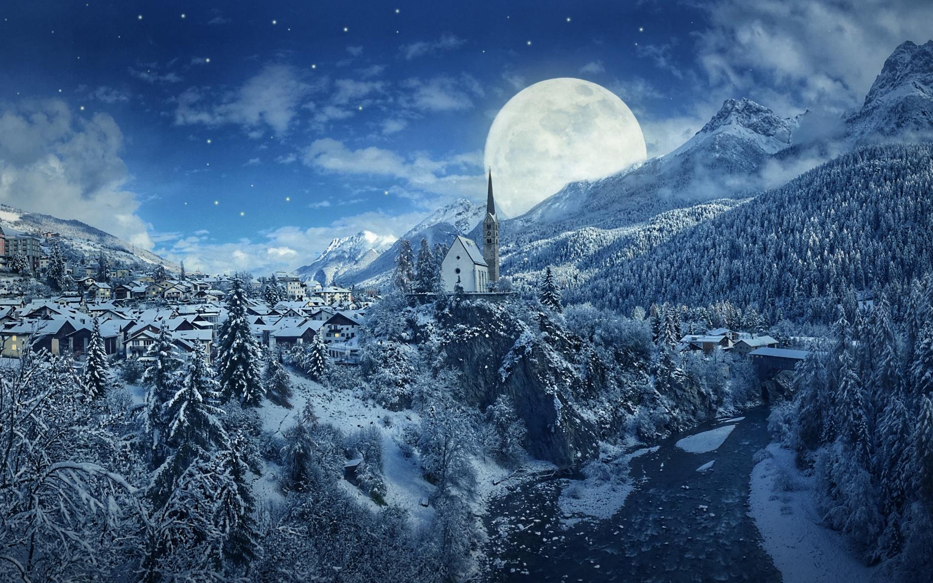 1920x1200 Winter Wallpaper 4K, Moon, Frozen, Forest, Village, Snowfall, 5K, Nature