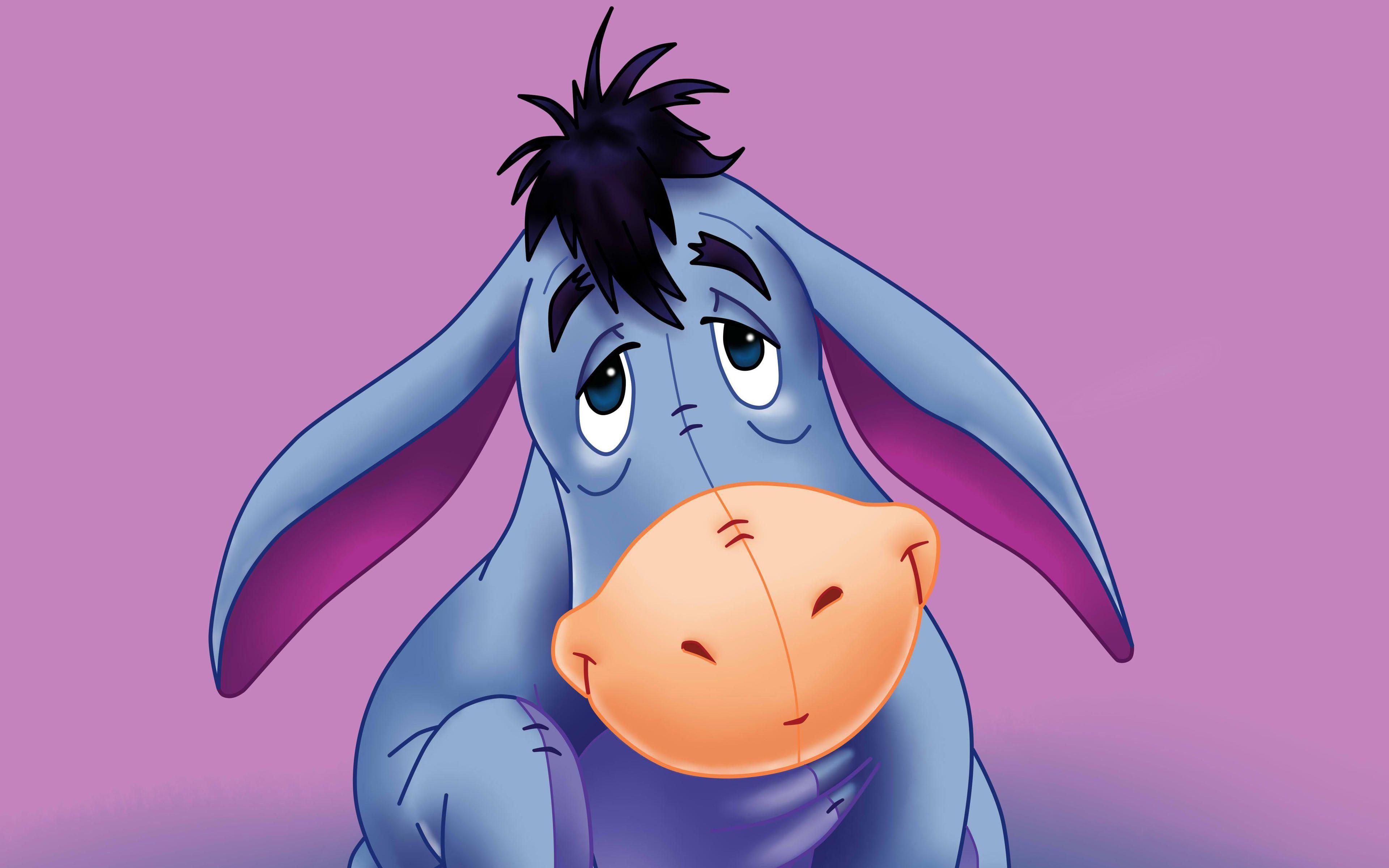 3840x2400 Download wallpaper Eeyore, 4k, minimalism, Winnie the Pooh, cartoon donkey, violet background, Eeyore 4K for desktop with resolution 3840x2400. High Quality HD picture wallpaper