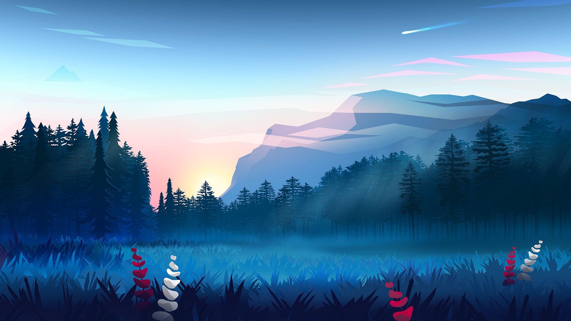 1920x1080 Desktop wallpaper lawn, meadow, forest, mountains, art, HD image, picture, background, a1549b