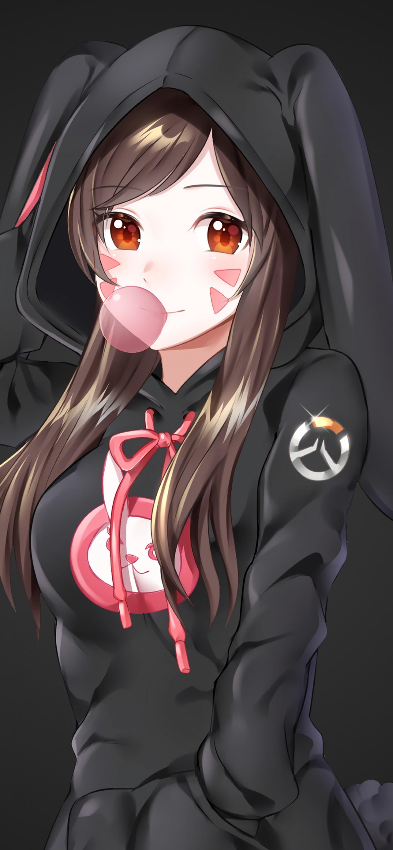 1284x2778 DVa Wallpaper 4K, Overwatch, Dark background, Anime girl, Graphics CGI